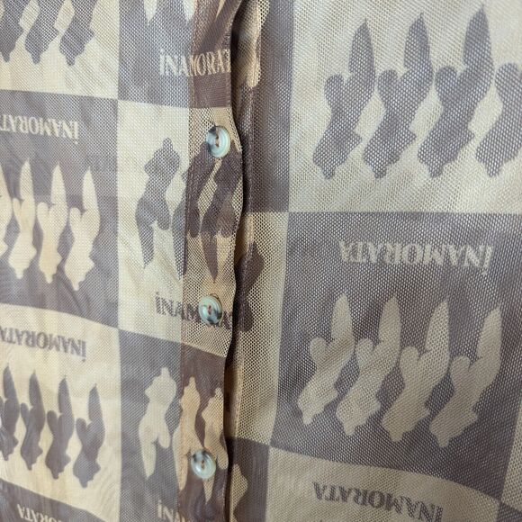 Inamorata Riviera Brown Check Mesh Dress Long Sleeve Button Up Mini Dress S - Picture 5 of 13